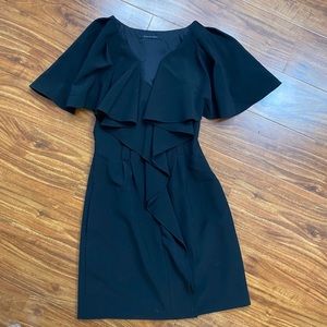 Black Halo Women's Ruffle V Neck Mini Dress LBD Size 0 Classic Minimalist Preppy